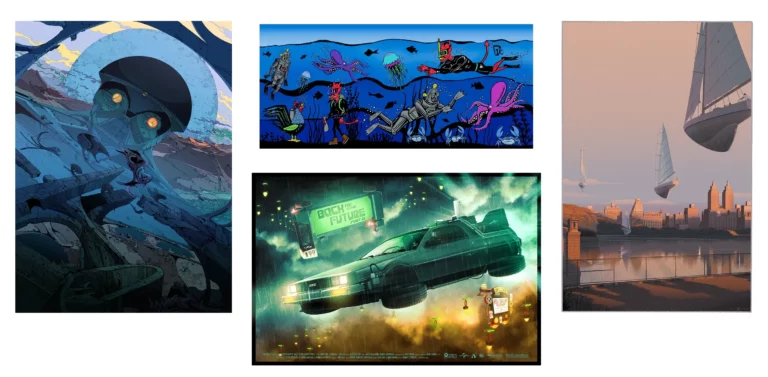 The Travelers by Laurent Durieux, Airship II by Kilian Eng, Icelantic by Jim Pollock & BTTF2 by Kevin Wilson