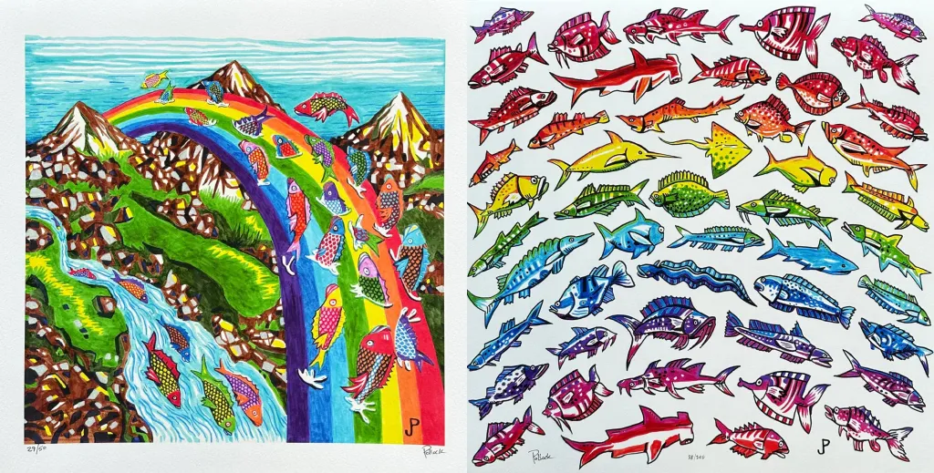 Upstream & Fish Rainbow by Jim Pollock