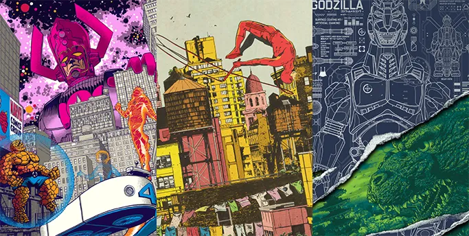 Fantastic Four by Raid71, Godzilla vs. Mechagodzilla by Anthony Petrie & The Daredevil by Jorge Fornes